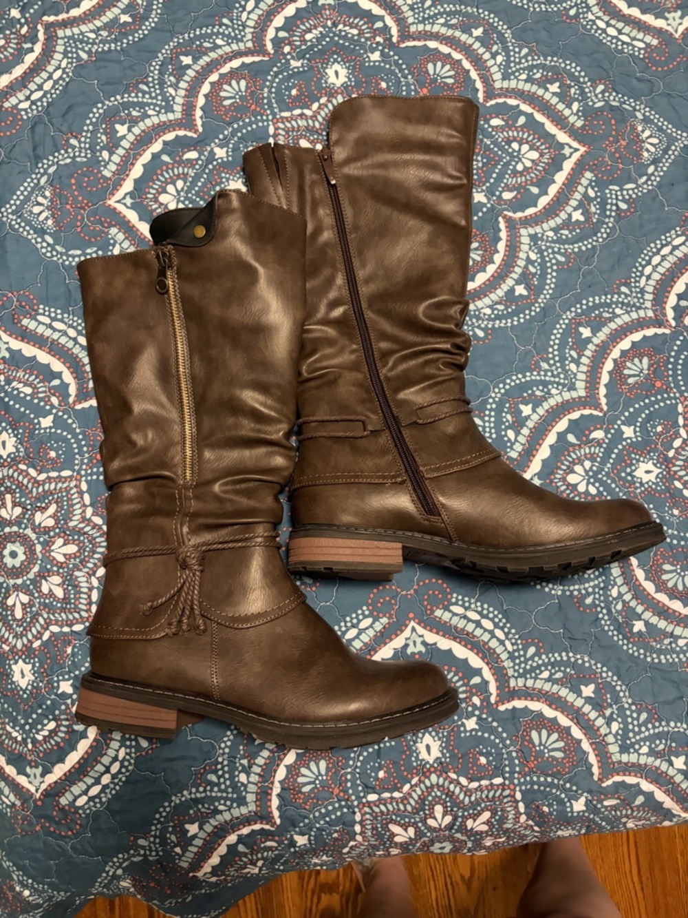 Women's Brown Mid-Calf Tassel Zip Heeled Boots